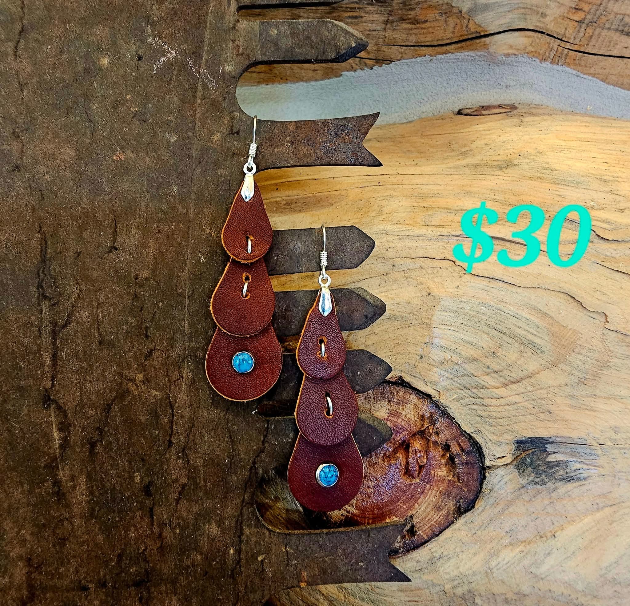 Three tiered leather and turquoise earrings